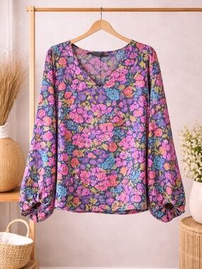 SHEIN Purple Floral V-Neck Long Sleeve Blouse